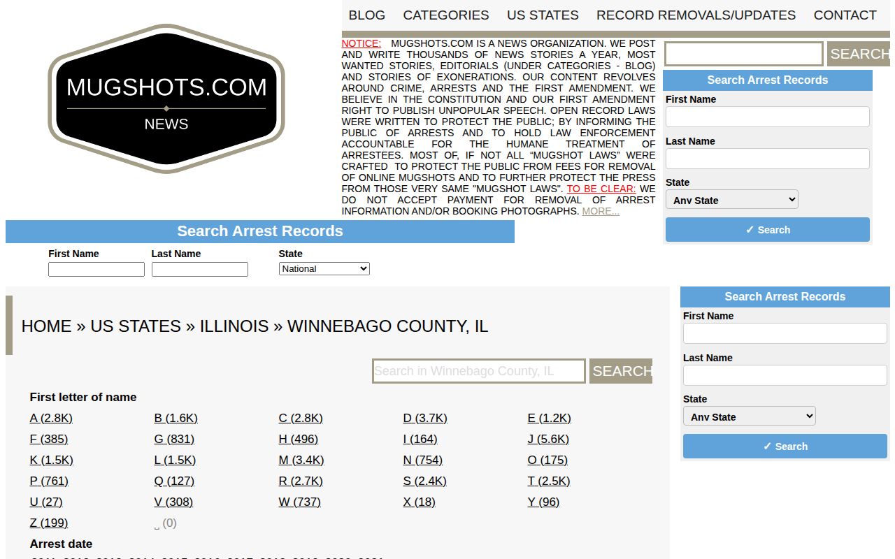 Unofficial historical Winnebago County mugshot index interface
