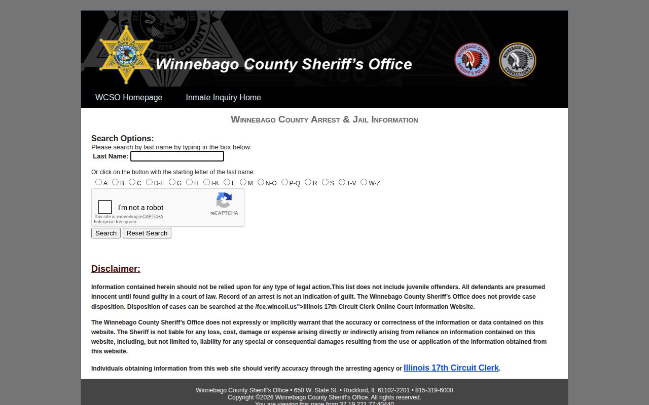 Winnebago County Jail current inmate roster and booking search