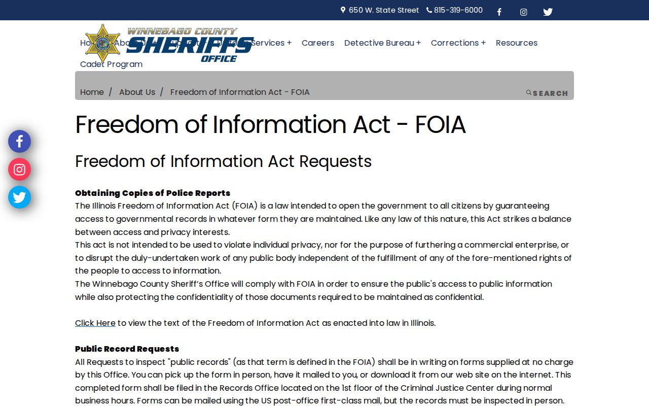 Winnebago County Sheriff booking record and mugshot FOIA request