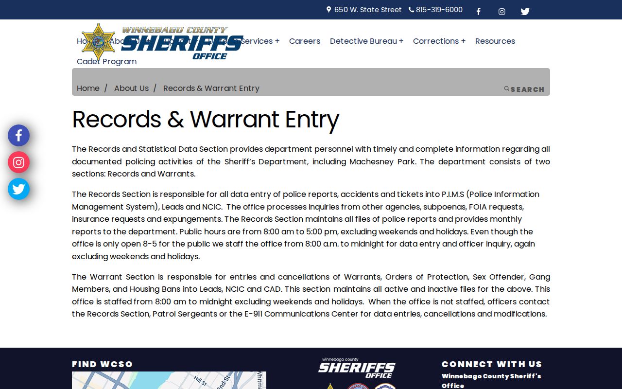 Winnebago County Sheriff records and warrant entry page